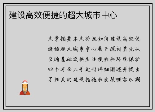 建设高效便捷的超大城市中心